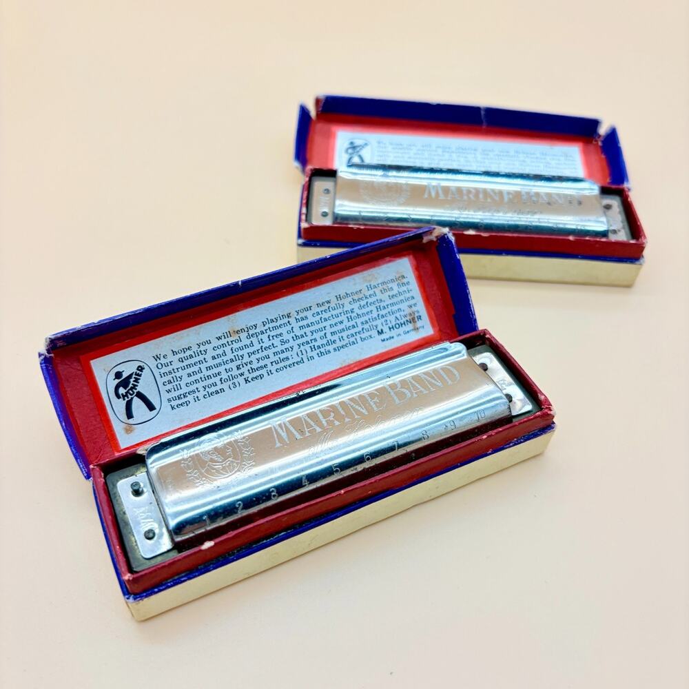 Vintage Harmonica Lot 2 Hohner Marine Band 1896 Wood Germany Original Boxes A440